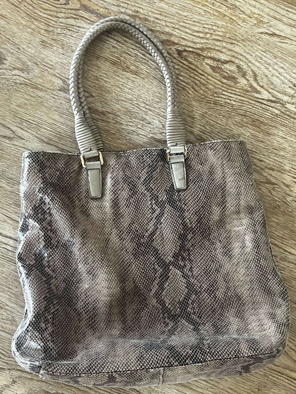 margot Taupe Snake-Print Tote with Braided Handles